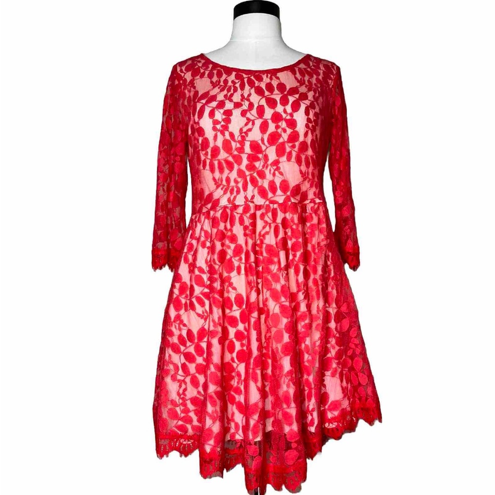 Free People Red Floral Mesh Dress Size 4 Stretch Lined Asymmetrical Scalloped